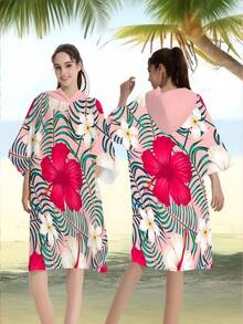 1pc Bohemian Style Tropical Floral Polyester Hooded Poncho, Plus Size Beach Towel - Vibrant Floral Design, Beach Wrap, Soft Polyester Robe, Suitable For Swimming, Travel And Beach Vacation, Unisex Bathrobe Surfing Accessories - Multicolor - View 16
