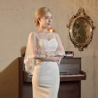 1pc Elegant Vintage-Style Floral Print Bridal Shawl, Handmade Short Bolero Jacket For Wedding Dress