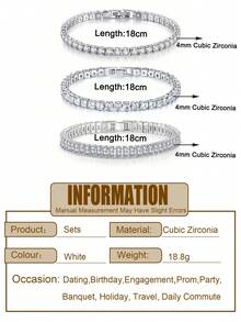 3pcs/Set Fashion Shining Round Square Geometric Cubic Zirconia Tennis Bracelets Sets For Engagement Banquets, Daily Wear, Gift For Friends - White - View 3