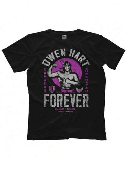 Camiseta Owen Hart Flex - Camiseta de lucha libre negra con impresión de "Owen Hart Calgary Alberta Canadá" y "Forever", manga corta, cuello redondo casual para hombres, solo lavar a mano