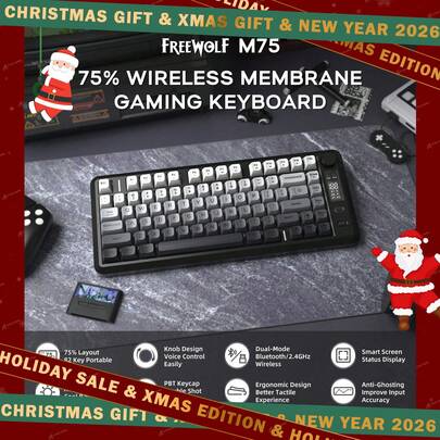 ATTACK SHARK لوحة مفاتيح ألعاب لاسلكية ZIYOU LANG M75، مع شاشة ذكية وزر تحكم، وضعي بلوتوث/2.4 جيجا هرتز، أغطية مفاتيح PBT متدرجة، إضاءة خلفية قوس ، لوحة مفاتيح غشائية 82 مفتاح TKL، إحساس ميكانيكي، للألعاب/المكتب - أسود