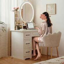 Tocador Compacto Moderno Con Espejo 4 Cajones Silla 138x80x40cm Tocador con espejo 138Cm Tocador de maquillaje con 6 cajones Tocador con espejo, muebles minimalistas para dormitorio y oficina, con 4 cajones y estantes abiertos, fácil de montar - Blanco - Ver 4