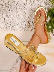 Summer Fashion Beach Thong Wedge Sandals - Gold - View 7