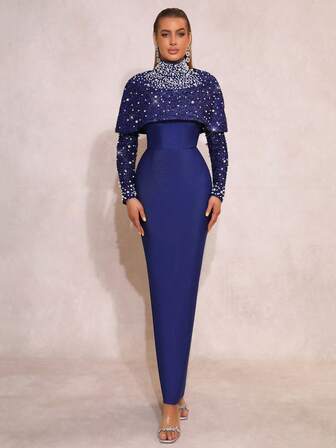 Modphy New Women's Blue Sexy High Neck Long Sleeved Heavy Diamond Pearl Decoration Sequin Shawl Decoration Slim Fit Long Bandage Dress Wedding Guests Holiday Elegant Birthday Party Ladies Formal Dinner Dress