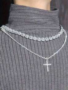 Silvery Women Necklace Hiphop Iced Out Popular Shiny 4MM Tennis Chain Cross Pendant Necklace Match Sugar Chain Fashion Diamond Jewelry For Men And Women Gift