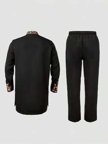 2pcs/Set New Men's White Dashiki Shirt, Vintage Palace Style, Golden Floral Embroidery, Mandarin Collar, Long Sleeve, Pockets, Elastic Waist Pants, African Clothing, Men's Casual Shirt & Pants Set, Suitable For Parties, Dates, Weddings, Daily Wear, Cultural Events, Traditional Ceremonies & Celebrations