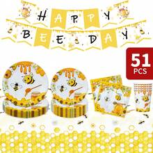 1 Set Happy Bee & Honey Birthday Party Disposable Plates, Napkins, Cups, Tablecloth And Banners, Serves 8 Guests, Suitable For Birthday, Wedding, Theme Party, Family Picnic - Multicolor - View 1