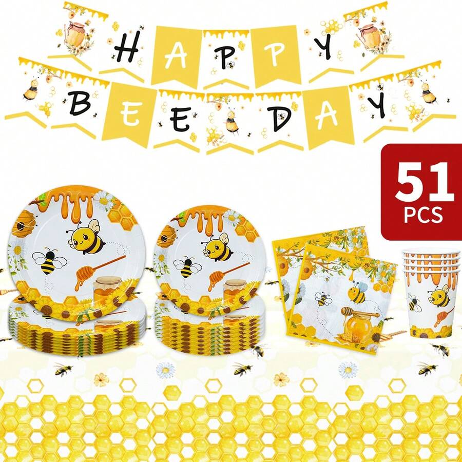 1 Set Happy Bee & Honey Birthday Party Disposable Plates, Napkins, Cups, Tablecloth And Banners, Serves 8 Guests, Suitable For Birthday, Wedding, Theme Party, Family Picnic - Multicolor - View 1