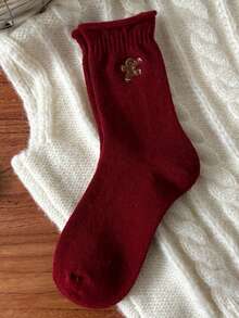 1 đôi tất nữ dày dặn, màu trơn thời trang, màu đỏ cổ điển, mềm mại và ấm áp, thích hợp cho mùa thu/đông, họa tiết cún con và hươu dễ thương, kiểu dáng ngọt ngào và năng động dành cho nữ, cao đến bắp chân. - Đỏ - Xem 10