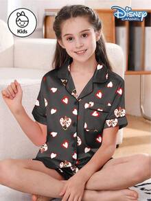 Disney Series Cartoon Butterfly & Heart Print 2-Piece Set, Cute Casual Matching Short Sleeve Top And Elastic Waist Shorts Pajamas For Tween Girls Silk-Like Soft Breathable Fabric Suitable For All Seasons - Black - View 7