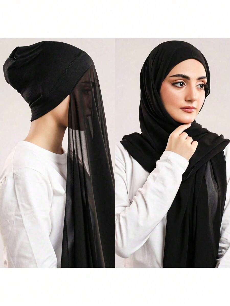1pc 3-In-1 Quick-Wear Chiffon Hijab With Built-In Magnet And Inner Cap/All-In-One Quick-Wear Hijab - No Pins Needed, Non-Slip Fit, Seconds To Wear