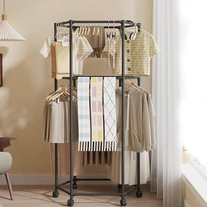 Portable Hexagon Drying Rack On Wheels, Multi-Tier Hanging Storage For Clothes Coats Baby Garments - Ideal For Home Laundry Room & Balcony