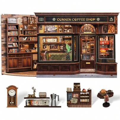 DIY Miniature House Coffee Shop Dollhouse Kit For Adults And Teens, Corner Coffee Shop Book Nook Kit Booknook Tiny House Bookshelf Decor 3D Wooden Puzzle, Gifts For Family, Friends (Corner Coffee Shop)