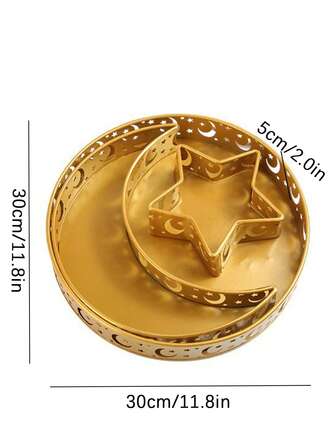 Ramadan serveringsbricka, måne- och stjärnformade brickor, järnformade Eid Mubarak mattallrikar, serveringsfat, porslin, dessertförvaringsbehållare för islam, muslimsk festbordsdekor, järnkonstskedar, gafflar och tång