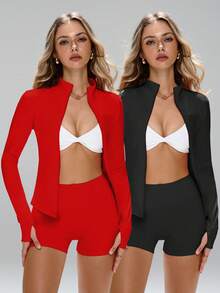 This Elegant Winter Commuter Jacket Features Long Sleeves With Thumb Holes, A Full-Zip Design, And A Slim, Stretchy Fit, Suitable For Conservative Outdoor Commuting Occasions. The Stand Collar Design, Paired With Thumb Hole Cuffs And A Slim-Fit Zipper, Exudes A Refined And Elegant Look. The Long Sleeve Design And Thumb Hole Details Accentuate A Slender Figure. Women's Winter Stand Collar Jacket