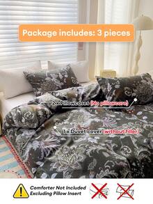 三件套,柔软磨毛超细纤维面料,黑色花卉图案,复古乡村风格,经典畅销款,(含1个被套和2个枕套,不含被芯和枕芯),单人/双人尺寸 - 黑色 - 查看 6