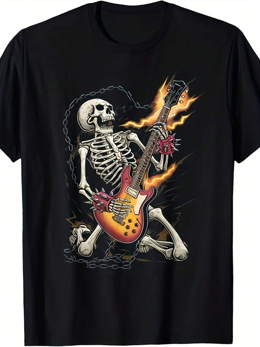 Unisex Skull Guitarist Rock Star Pattern T-Shirt - Orange Electric Guitar And Flame Design, Vintage Rock Style, Round Neck Short Sleeve T-Shirt, Suitable For Concerts, Halloween, And Casual Wear - Creative Clothing For Music Lovers, Men's Shirts, Men's Clothes, Summer Outfits, Summer Tops, Graphic Tee, St. Patrick's Day Outfit, Easter Outfits, Spring Clothes - 黑色 - 查看 1