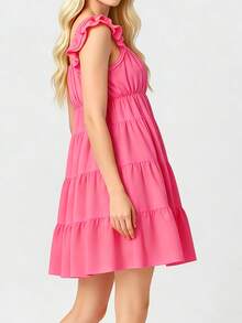 Women Tiered Mini Dress Solid V Neck Flutter Sleeve Backless A-Line Short Dress For Daily Party Club - Pink - View 4