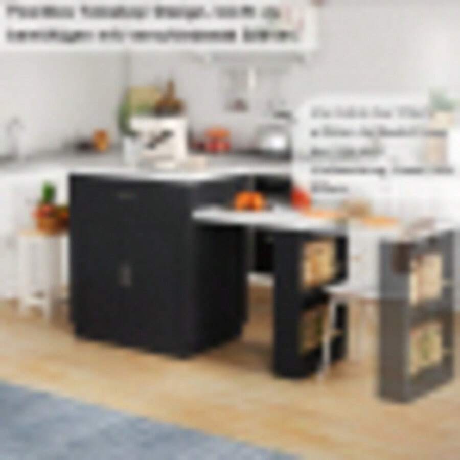 Kücheninsel Mit Ausziehbarem Esstisch Für 4-6 Personen, Zweifarbiger Küchentisch, Steckdose, Aufbewahrungsschrank, 2 Schubladen, 2 Seitlich Offene Regale - 黑與白 - 查看 1