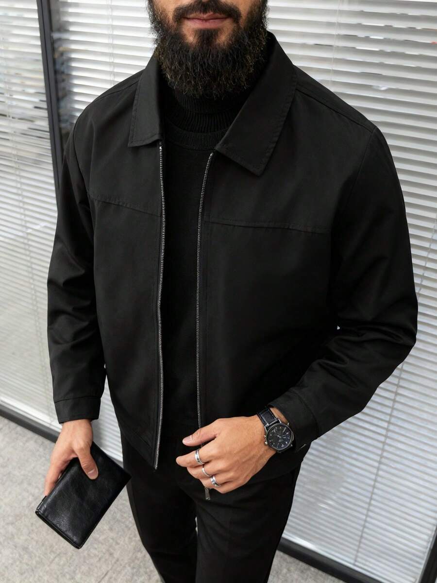 1pc Men's Zip-Up Collar Design Casual Jacket, Washable, Versatile Business Casual Outerwear Suitable For Daily, Work, Travel, Formal Occasions, Spring/Autumn - Black - View 1