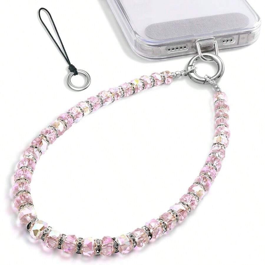 SURPHY Phone Charm, Pearl Phone Charms with Tether Tab Premium Metal, Cellphone Lanyard Beaded Bracelets Women, Cellphone Chain Wrist Strap - B-Cristales Rosados - Ver 1