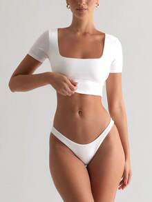 Summer Cropped Fitted Double-Layer Yoga Fabric Square Neck Top - White - View 4