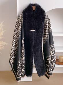 1pc Vintage Leopard Print & Houndstooth Pattern Jacquard Scarf With Faux Fur Collar, Autumn/Winter Women's Warm Decorative Scarf Shawl Poncho, Comes With A Pearl Brooch Pin, Fashionable Accessory, Perfect Gift For Women, Suitable For Daily Wear - Black - View 6