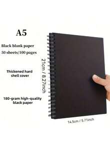 A5/A4 Black Paper Sketchbook, Spiral Bound Black Cardboard Sketchbook, Blank Black Paper Sketchbook - Black - View 4