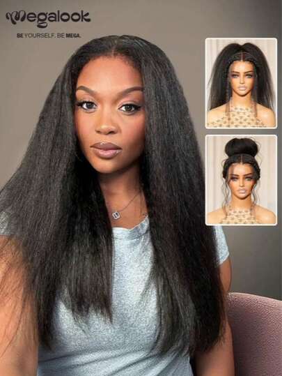 MEGALOOK 一体式3D蕾丝半假发，无需胶水，Yaki直发，100%真人发丝，带抽绳，预剪蕾丝，无需胶水，隐形结，预拔毛，自然发际线，16-24英寸巴西原生发，新手友好 - 透气安全，双层3D帽，全天舒适，适合日常佩戴，可用于办公室、派对、Y2K酷炫风、度假、户外活动、周日最佳cosplay、校园、学校假期、圣诞节派对、返校、婚礼、万圣节、节日、约会之夜等场合，打造迷人造型。