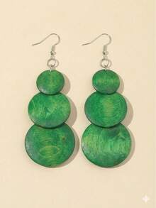 1 Pair 3-Piece Round Wooden Tassel Dangle Earrings For Women - Green 1 - View 6