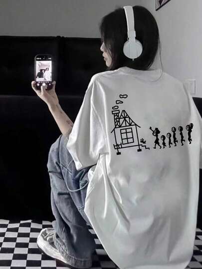 日系女式宽松休闲圆领卡通印花短袖T恤，春夏百搭