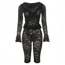 2025 Summer Cross Border New Fashion  Sexy Lace Perspective Long Sleeved Top And Shorts Set For Women - màu đen - Xem 4