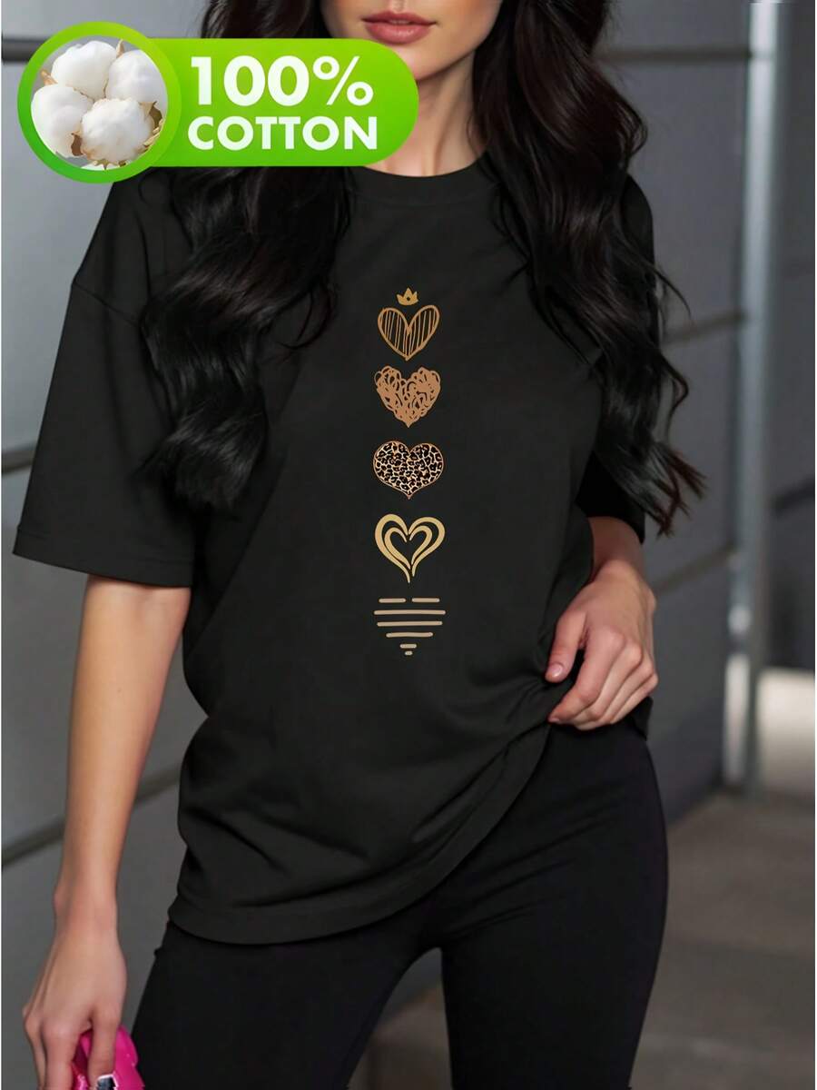 Camiseta Casual para Mujeres, 5 Patrones de Corazones Impresos de Manga Corta - Simple y Compacta, Regalo, Top Tejido, Cuello Redondo, Cómoda, Transpirable, Suave, Mejor Opción para Primavera y Verano - Negro - Ver 1
