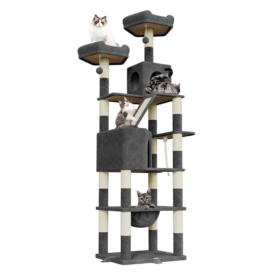 DOGAT 208cm Tall Cat Tree Tower For Indoor Large Cats Multi Level Activity Centre With Hammock Condos Perches 16 Sisal Scratching Posts Anti Tip Reinforced Base - Dark Grey