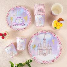公主城堡一次性餐具套装，包含7/9英寸纸盘和纸杯，适用于生日派对、节日、聚会、野餐、庆典、婚礼茶会、毕业典礼等场合。 - 彩色 - 查看 5
