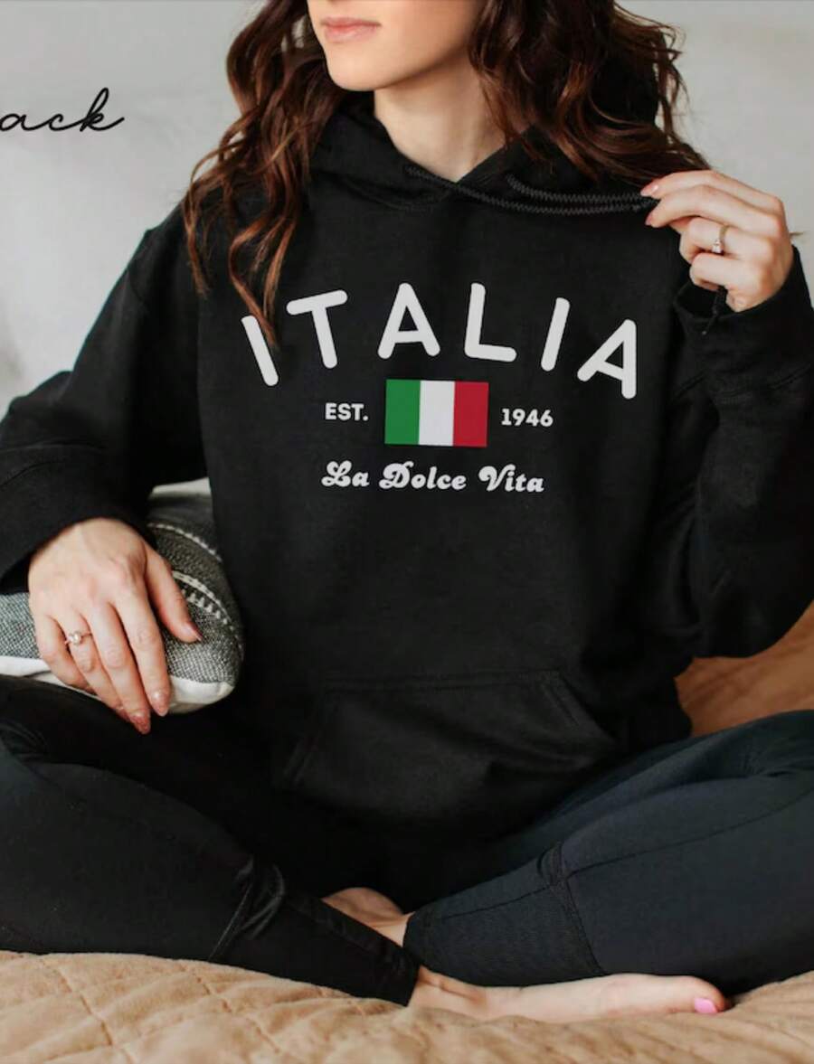 Italia Hoodie, Italy Flag Unisex Hoodie Sweatshirt, Italian La Dolce Vita Pullover Holiday Gift Souvenir, Mediterranean Hooded Sweater - màu đen - Xem 1