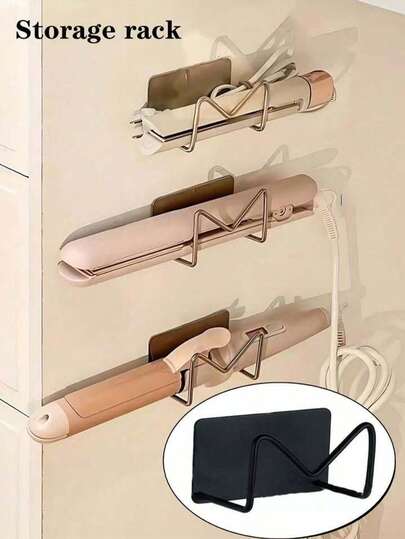 1pc No-Drill Wall Mount Curling Iron/Straightener Holder | Metal Bathroom Vanity Makeup/Glasses Storage Rack | Strong Adhesive Under Sink Straightener Holder | Multi-Function Hair Tool Wall Mount Organizer, Great Gift For Halloween And Christmas