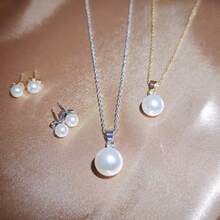 Simple Luxury Round Pearl Charm Jewelry Set, Exquisite Zirconia Detail Necklace & Earrings, Timeless Fashion Accessories For Mom, Wife & Anniversary