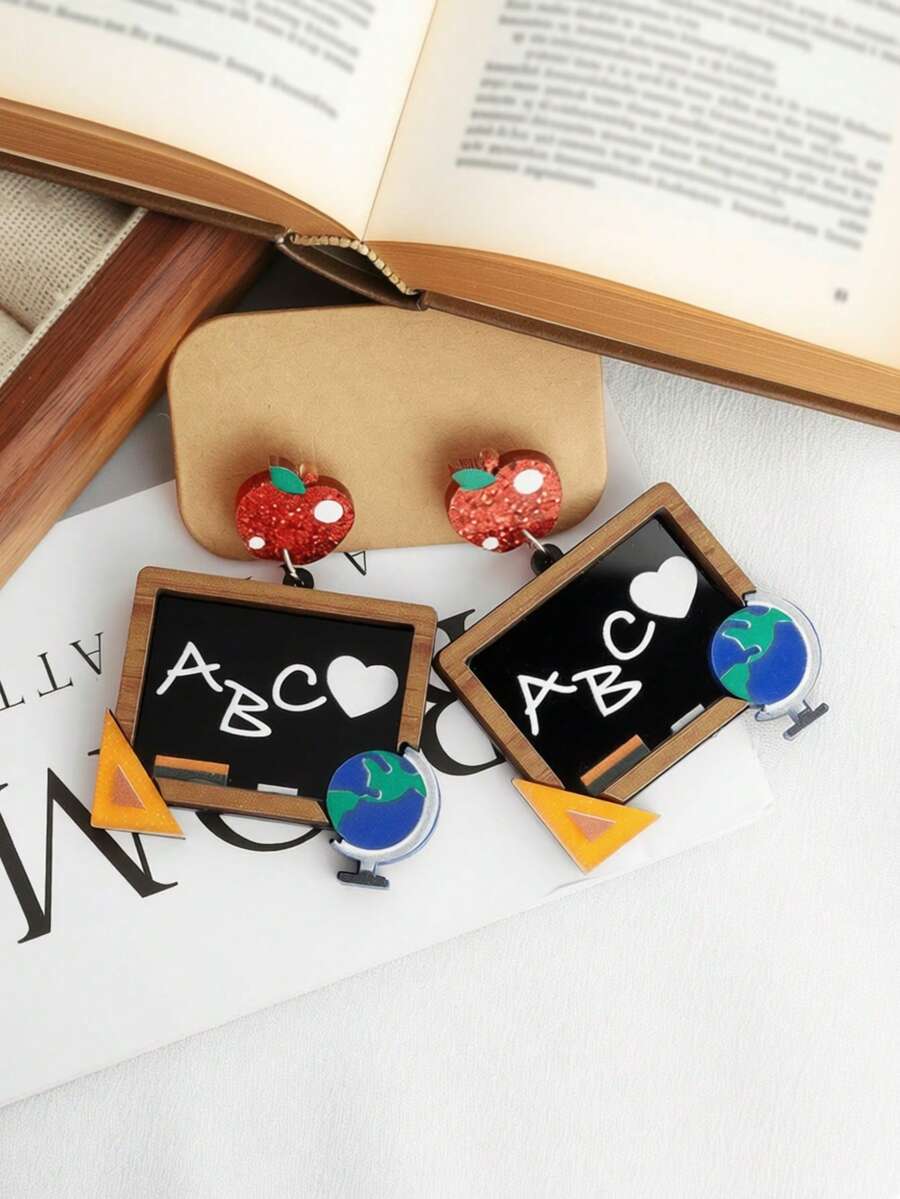 1 Pair Cartoon Apple, Ruler, Globe Blackboard Themed Earrings, Back To School Student Accessories (Card Not Included) - Alphabet Blackboard Earrings - View 1