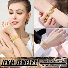 6 PACK 24 PCS Boho Gold Chain Bracelets Set Women, 14K Gold Plated Multiple Layered Stackable Open Cuff Wrap Bangle Adjustable Link Italian Cuban Jewelry Women - 28pcs Gold Chain - View 2