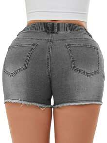 Celana Pendek Denim Wanita dengan Saku, Model Sobek, Elastis, dan Tali Serut, Kasual untuk Musim Panas - Light Grey - View 3