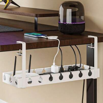 1个免钻孔金属网状桌下理线槽，带固定装置，3孔理线槽，配备桌面线缆管理器和桌下线缆整理器，可调节线缆架，适用于家庭办公室站立式桌面