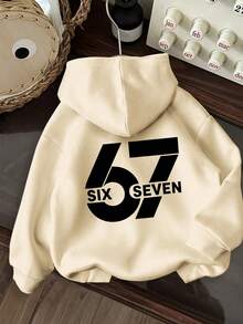 Tween Boy "67 SIX SEVEN" Letter & Number Graphic Fleece Pullover Sweatshirt Sweatshirt, Warm & Comfortable For Autumn/Winter, Suitable For Fun Boys'' Casual Street Style - Apricot - View 4