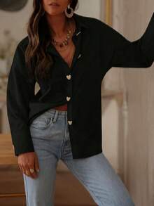 Women's Solid Color V-Neck Button Front Casual Long Sleeve Shirt - Black - View 5