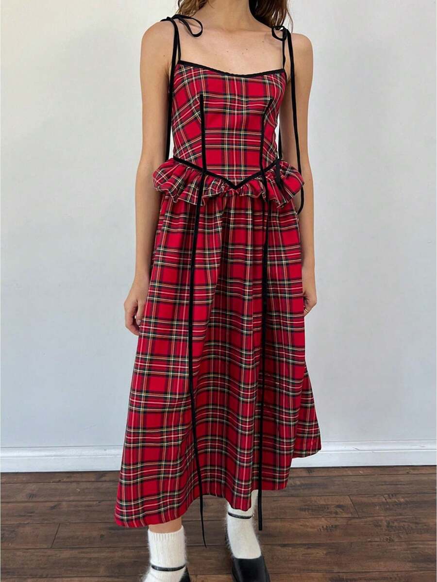 Women Summer Plaid Midi Cami Dress Backless Spaghetti Strap Ruffle Long Elegant Dress - 紅色 - 查看 1