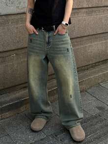 Quần jeans ống rộng dáng suông màu vàng mù tạt cổ điển, phong cách đường phố Mỹ, thêu họa tiết, thích hợp cho mọi mùa. - Màu Mù tạt vàng - Xem 3