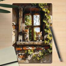 Room Decor 1pc Vintage Rustic Cat And Greenery Metal Sign, 8x12 Inches Iron Wall Art, Indoor/Outdoor Decor For Home, Bed And Breakfast, Cafe, Rustic Spaces - White - View 4