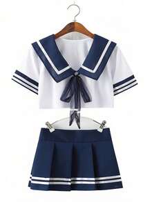 角色扮演校服三件套（上衣、百褶裙、丁字裤）；性感内衣套装；清纯校服；情人节和万圣节可爱水手服。春日白色 - 白色 - 查看 5