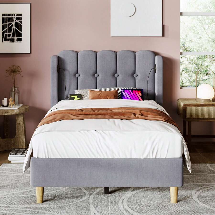 Upholstered Single Bed With USB Type-C Charging Function, Bed Frame With Slatted Base, Upholstered Bed In Grey, 90 X 200 Cm Bed Frame Youth Bed For Bedroom Guest Room - Linen Material - Grey - View 1