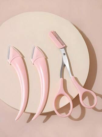 3 st/set ögonbrynsrakhyvel + ögonbrynssax säkerhetsverktygssats, rosa, för nybörjare halvmånetrimning